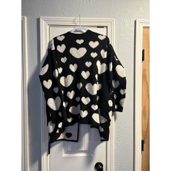 Maeve Anthropologie Halley Hearts Cardigan Black White Medium Large Cozy Sweater - Picture 7 of 8